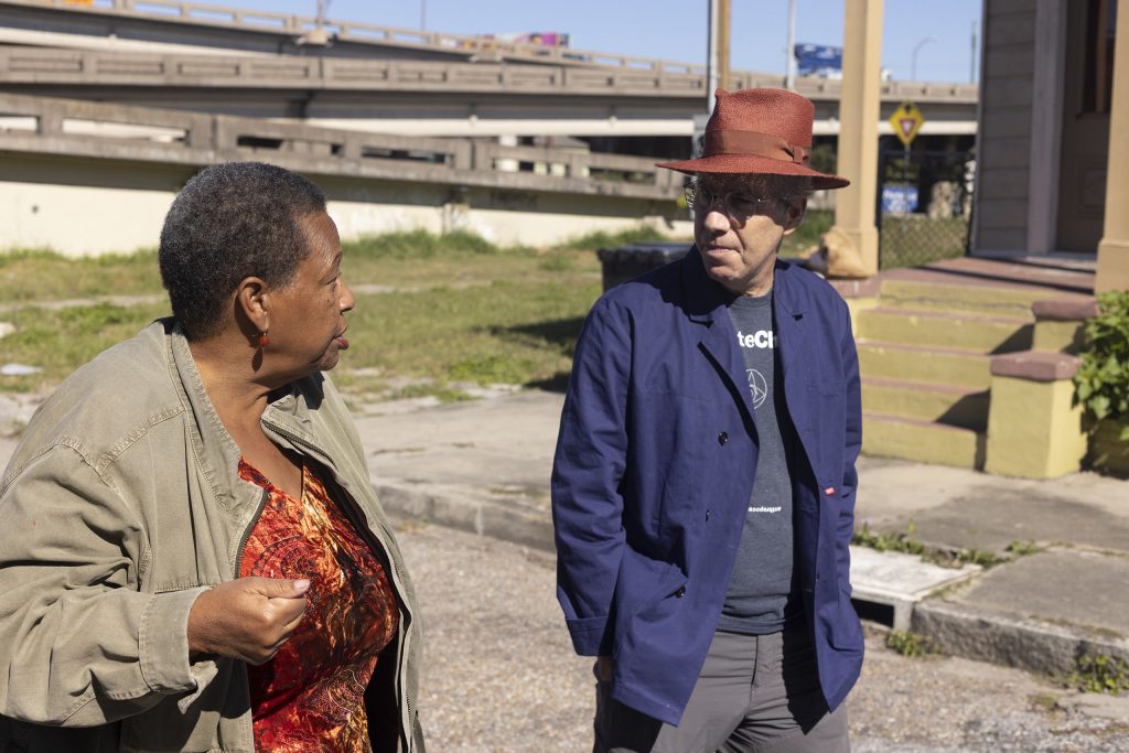 Amy Stelly, leader of Claiborne Ave Alliance at Fatma’s Cozy Corner with Stephen F. Eisenman of Anthropocene Alliance.