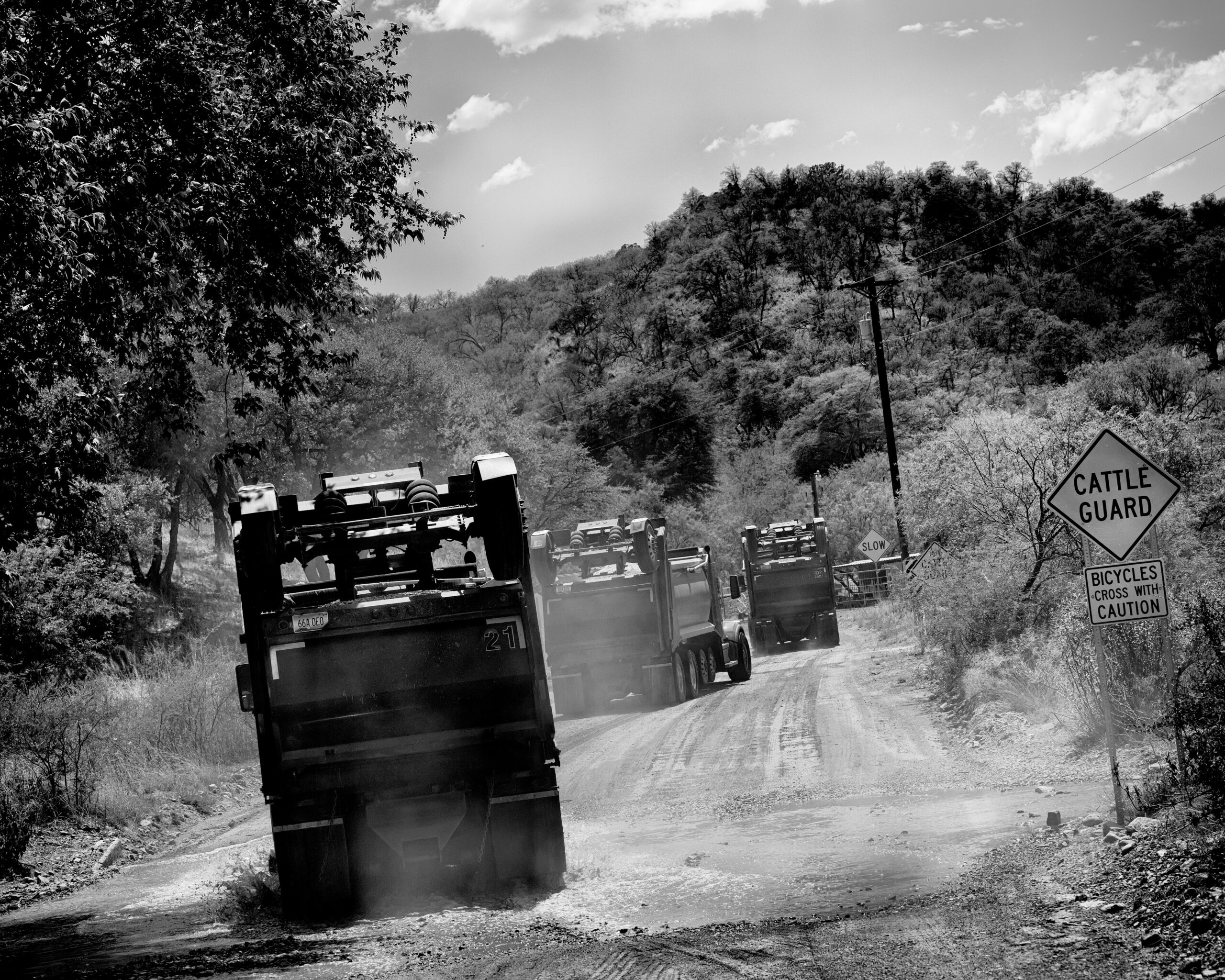 Mining trucks crowd the access road to South32’s Hermosa mine project, a new manganese and zinc mine in southern Arizona.