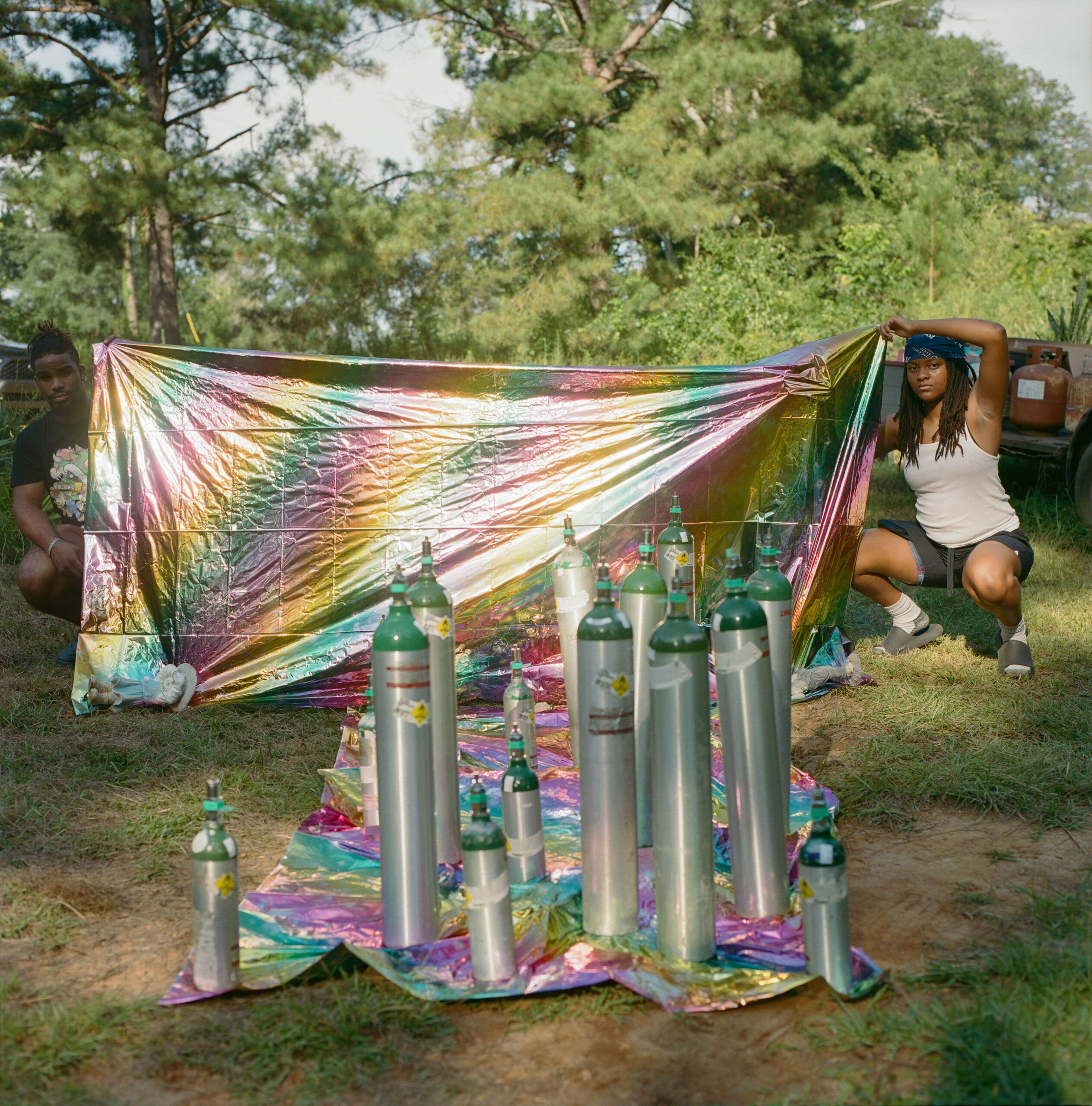 Carmella Causey’s collection of oxygen tanks stands as a stark, realistic sculpture of the region.