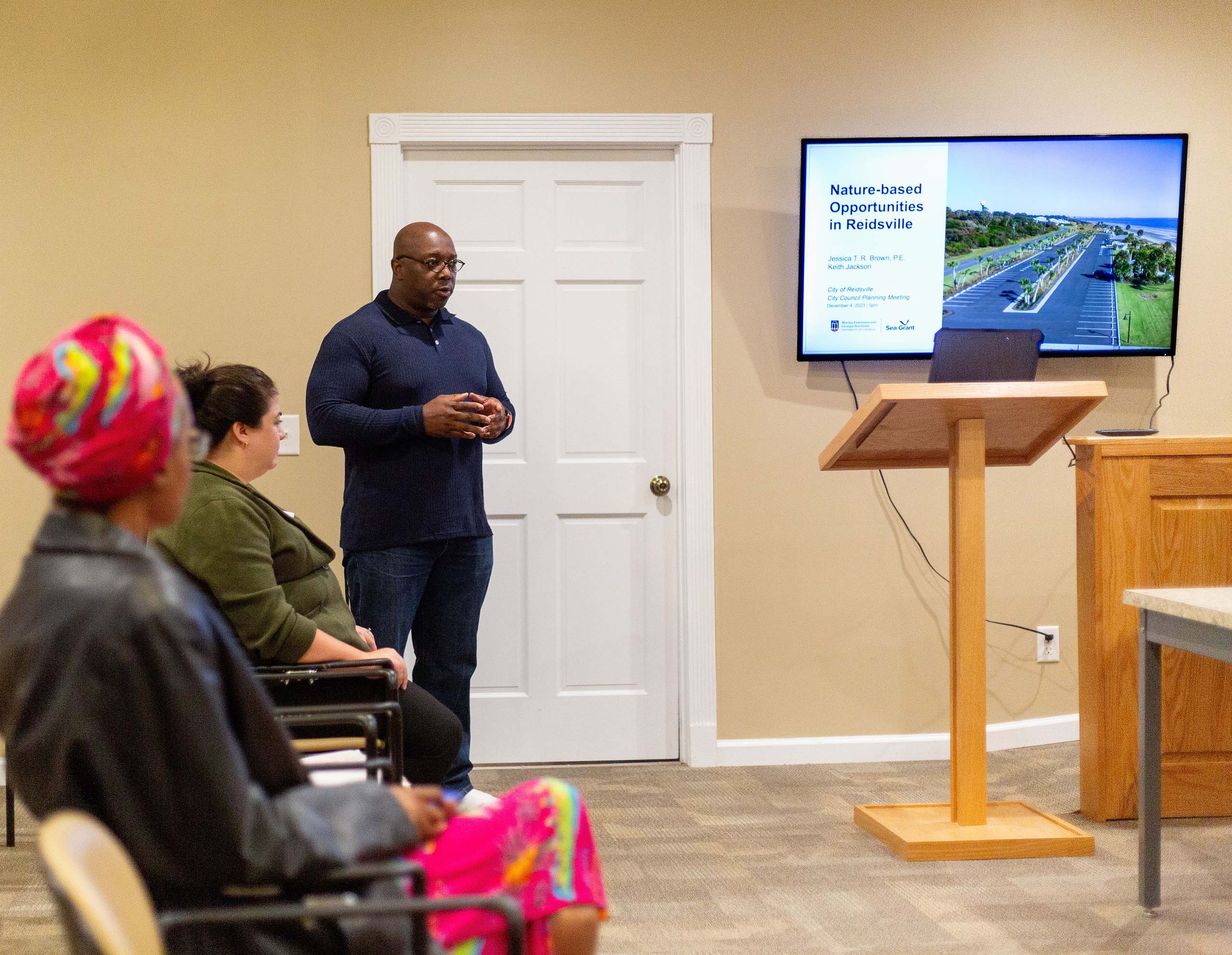 Keith Jackson speaking at a meeting on nature-based solutions to address the city’s flooding problems.